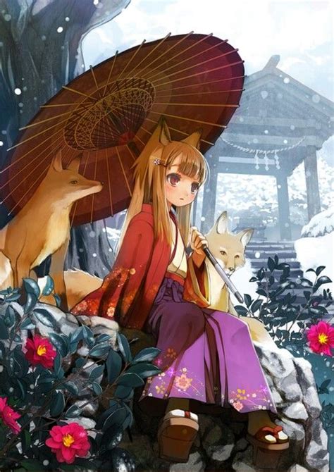 Anime Girl Fox Ears Fox Tail Sitting Umbrella Long Hair Foxes Shrine