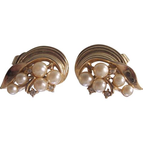 Vintage Trifari Faux Pearl Rhinestone Gold Tone Earrings From Modseller