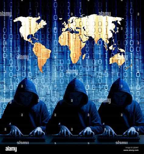 Hacker Team With World Map Behind Them Global Cyber Attack Concept