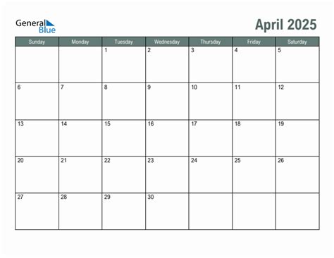 Blank April 2025 Monthly Calendar Template