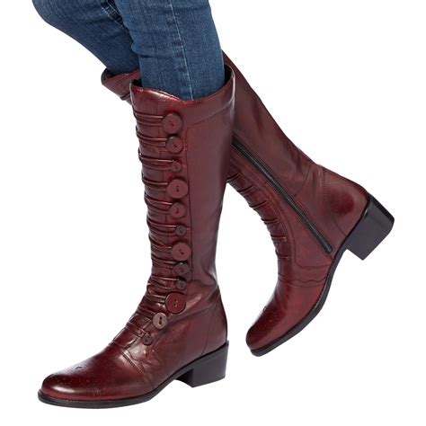 Dune Leather Pixie D Button Detail Knee High Boots In Burgundy Leather