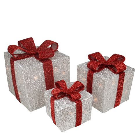 Set Of 3 Silver Tinsel Lighted T Boxes With Red Bows Outdoor