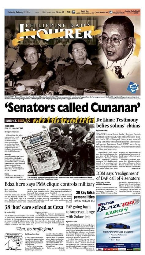 Senators Called Dennis Cunanan Todays Inquirer Banner Story