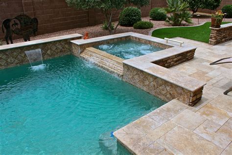 Geometric Pool With Spa And Sheer Descent Waterfalls Pool Backyard