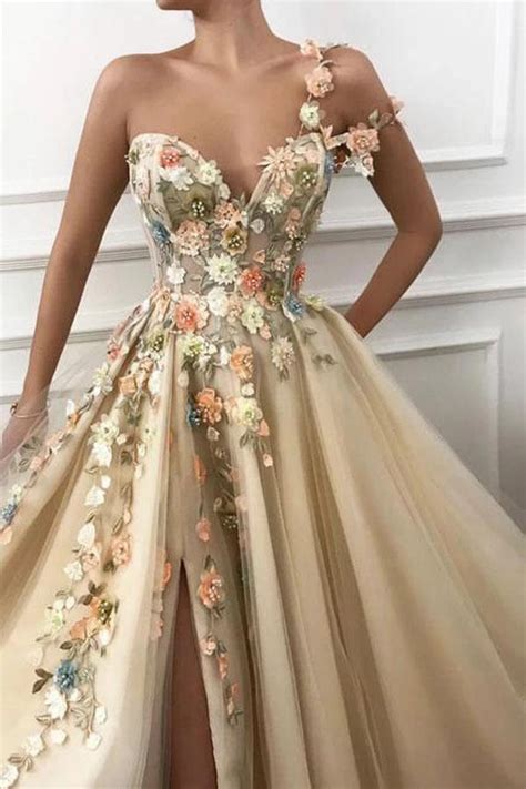 A Line One Shoulder V Neck 3d Flowers Prom Dress Tulle Evening Dress