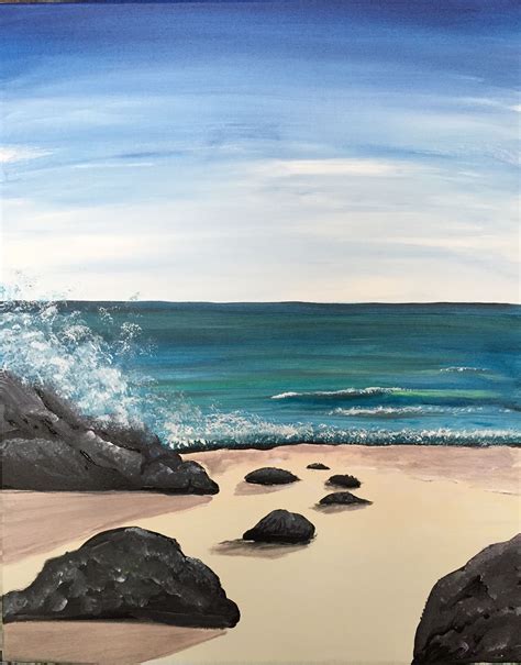 Beach Rocks Night Painting Ocean Painting Canvas Art Painting