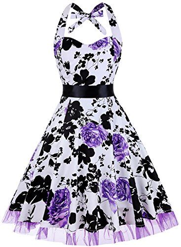 Oten Womens Vintage Polka Dot Halter Dress 1950s Floral Spring Retro Rockabilly Cocktail Swing