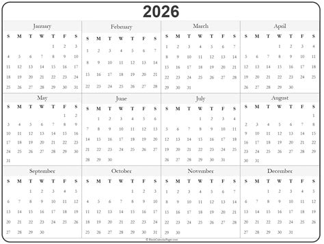 2026 year calendar | yearly printable