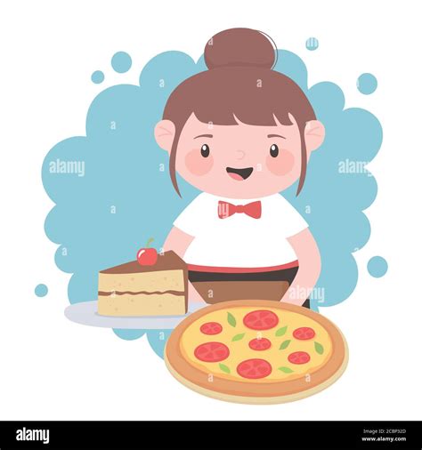 Waitress With Pizza And Piece Ckae In Dish Cartoon Character Vector Illustration Stock Vector