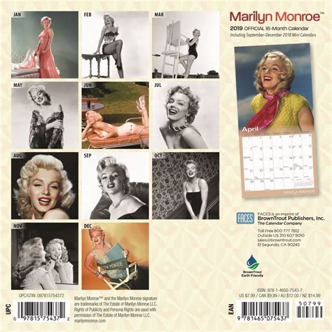 2019 16 Month Marilyn Monroe Glamour Mini Calendar Marilyn Monroe At