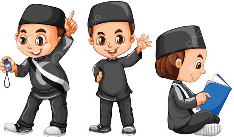 Muslim Boy In Black Costume Collection Image Pupil Vector Collection