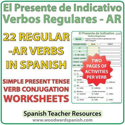 Conjugation Worksheets For 22 Regular Ar Spanish Verbs In The Simple