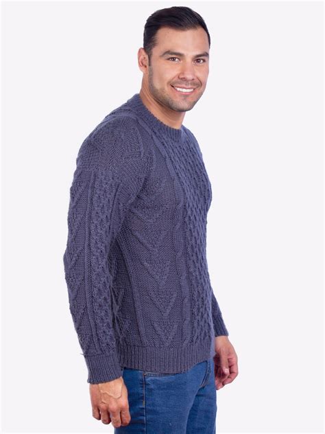Hand Knit Warm Steel Blue Aran Alpaca Sweater For Men Inti Alpaca