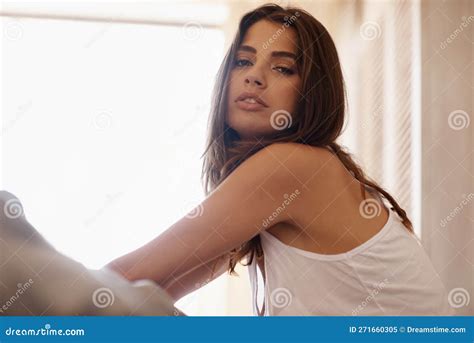 Story Of The Seductive Glance Gorgeous Young Brunette Sitting Indoors Stock Image Image Of