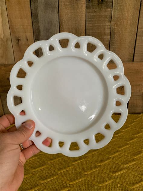 Vintage 8 12 White Lace Milk Glass Plate Hazel Atlas Lunch Etsy