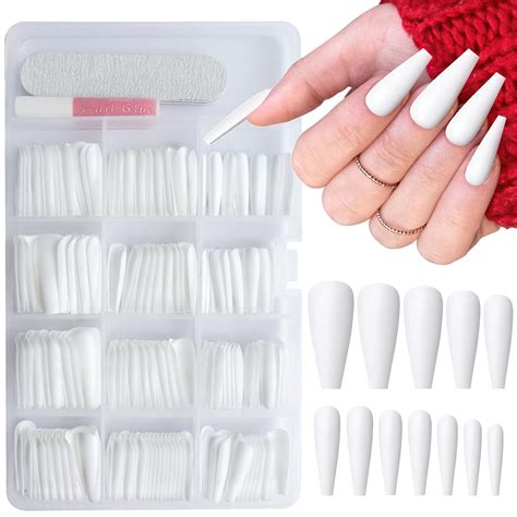 Addfavor 240pcs Coffin Press On Nails Long White Full Cover