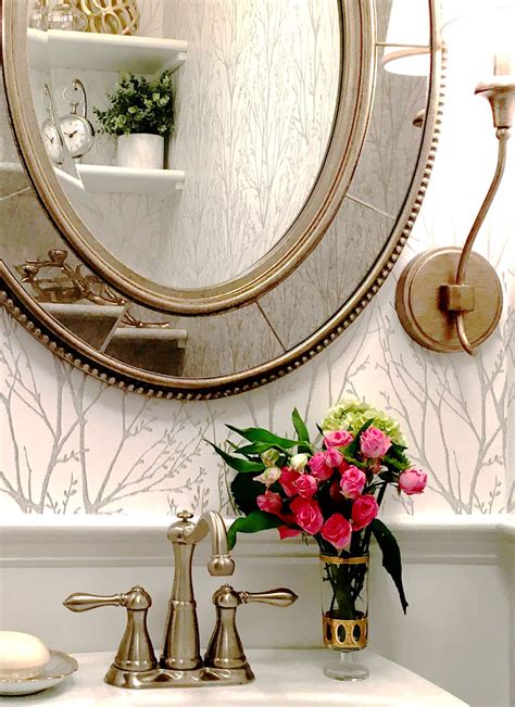 Powder Room With Wallpaper And Wainscoting Combines Champagne And