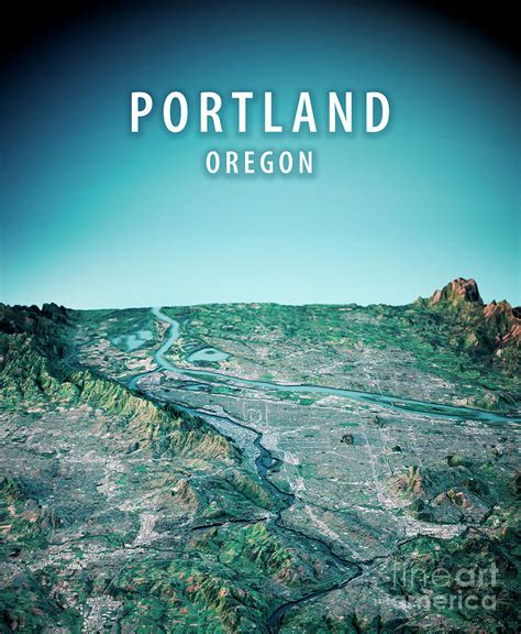 Portland 3d Render Satellite View Topographic Map Vertical Digital Art