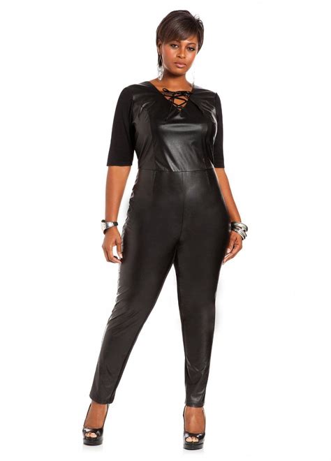 Ashley Stewart Womens Plus Size Ponte And Faux Leather Jumpsuit 29