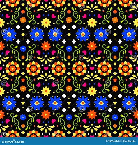 Mexican Folk Art Seamless Pattern With Flowers On Dark Background