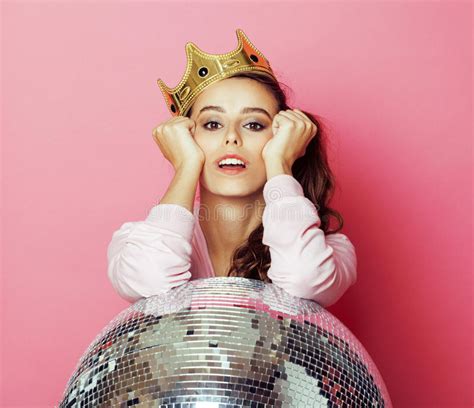 Young Cute Disco Girl On Pink Background With Disco Ball And Cro Stock