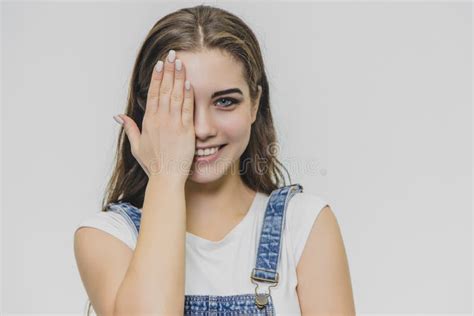 Close Up Portrait Of Happy Pretty Confident Stylish Smiling Girl In White Shirt Closed With
