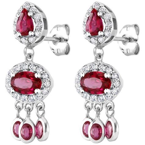 18k White Gold Ruby Halo Diamond Cluster Dangle Drop Earrings At 1stdibs