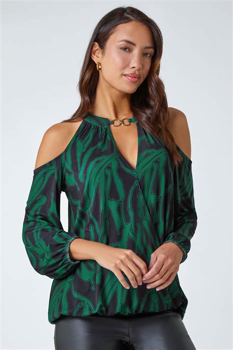 Forest Green Abstract Print Cold Shoulder Stretch Top Roman UK