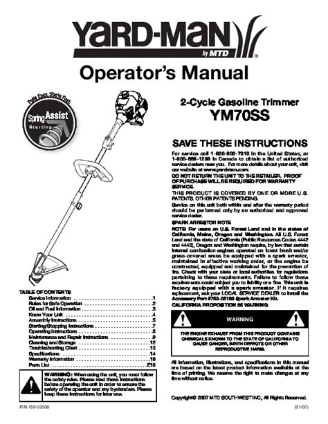 Mtd Yard Man Ym70ss 2 Cycle Trimmer Lawn Mower Owners Manual