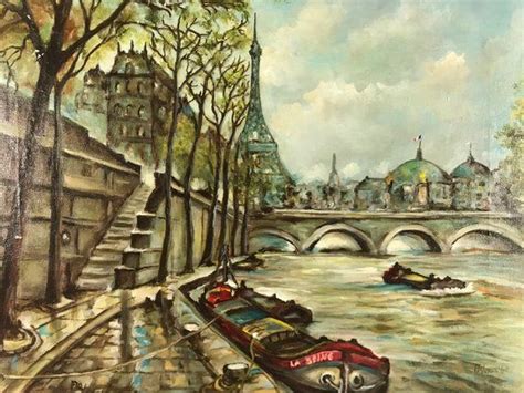 Vintage Paris France Original Painting Eiffel Tower River Seine Left