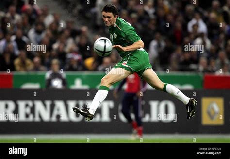 Republic Of Irelands Robbie Keane Heads Towards The French Goal During