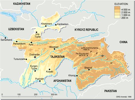 All regions, cities, roads, streets and buildings satellite view. Tajikistan Physical Map