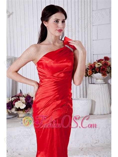 Red Mermaid One Shoulder Prom Evening Dress Beading Brush Train Taffeta