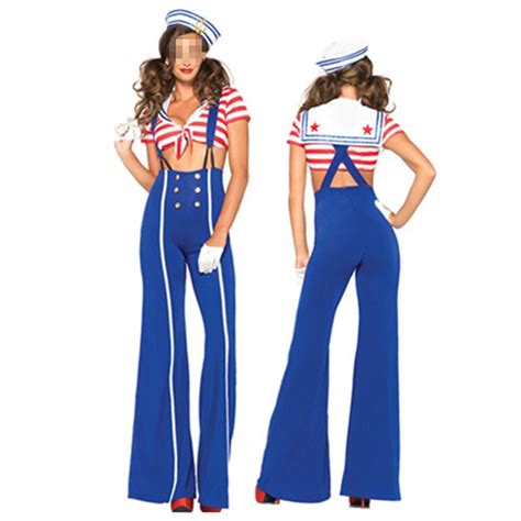 1 Sets Including 4 Pcs Sexy Sailor Costume Women Navy Costume With Blue Stripe Hat Halloween