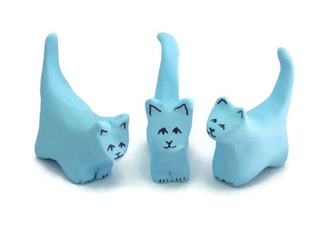 Set Of Three 3 Miniature Cat Figurines Polymer Clay Sculpture Light