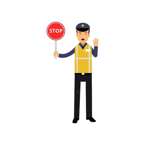 Premium Vector Traffic Control Policeman Showing Stop Road Sign And