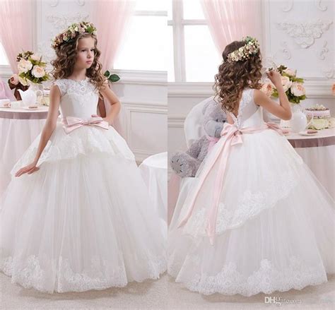 2016 new cheap flower girls dresses for weddings lace ivory white illusion neck sashes bow party