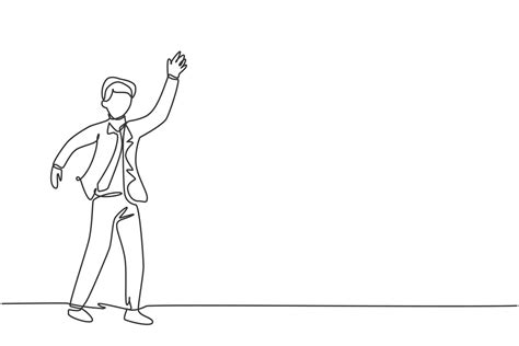 Single Continuous Line Drawing Young Business Man Waving Hand To His