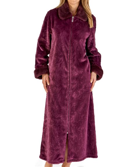 Slenderella Ladies Soft Fleece Dressing Gown Zip Up Faux Fur Collar