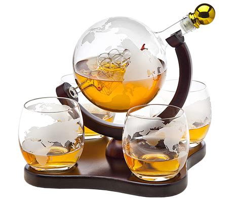 Buy Whiskey Decanter Globe Set With 4 Etched Globe Whisky Glasses For