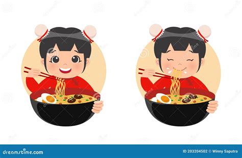 Cute Girl In Traditional Chinese Attire Eat Noodle Ramen With Egg Mushroom And Chicken Stock