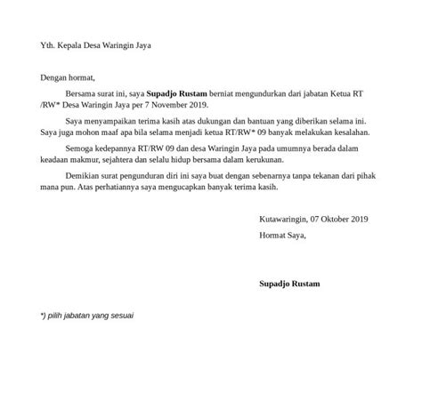 Surat Pengunduran Diri Dari Sekertaris Rt Ketua Rt Rw Jadi Bacaleg My