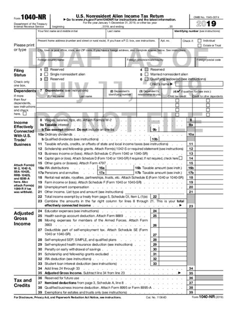 Fillable Online 2019 Form 1040 Nr Us Nonresident Alien Income Tax