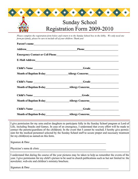 Sunday School Registration Form 2009 2010 Sunday School Registration