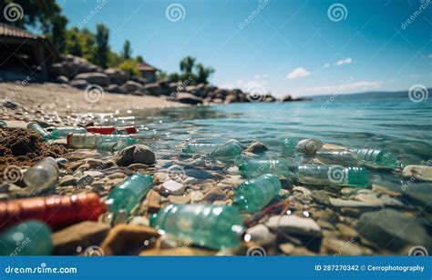 Plastic Waste On Beach Spilled Garbage On The Beach Of The Big City Empty Used Dirty Plastic