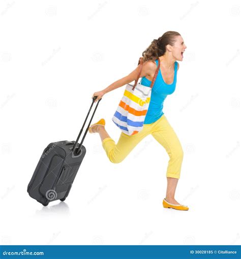 Concerned Tourist Woman With Wheel Bag Rushing Stock Image Image Of