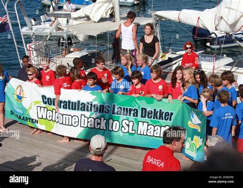 Arrival Of 16 Year Old Dutch Girl Laura Dekker In Stmaarten Yacht Club In The Dutch
