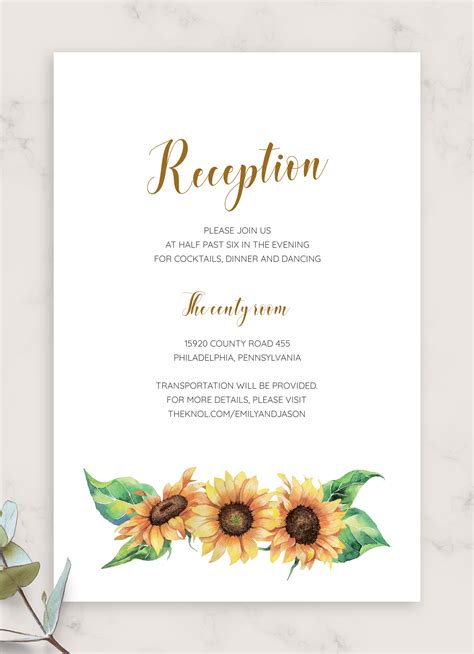 Download Printable Simple Sunflower Wedding Reception Card Pdf