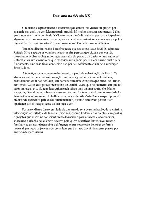 Redação Racismo no Seculo XXI Racismo no Século XXI O racismo é o