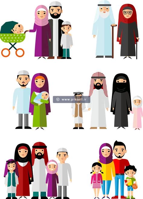 وکتور لایه باز مجموعه کاراکترهای کارتونی مرد و زن و خانواده مسلمان